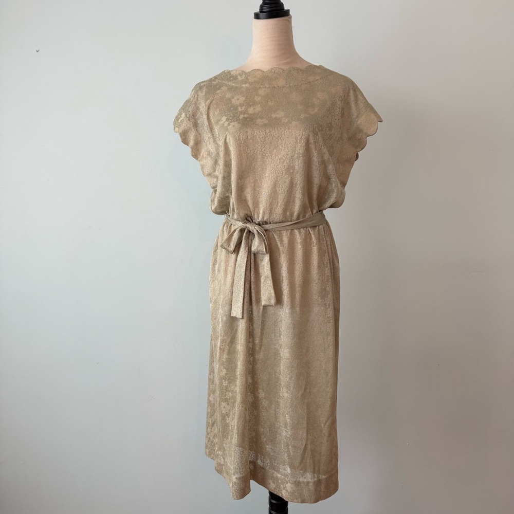 Neutral Scallop-Neck Belted Midi Dressh